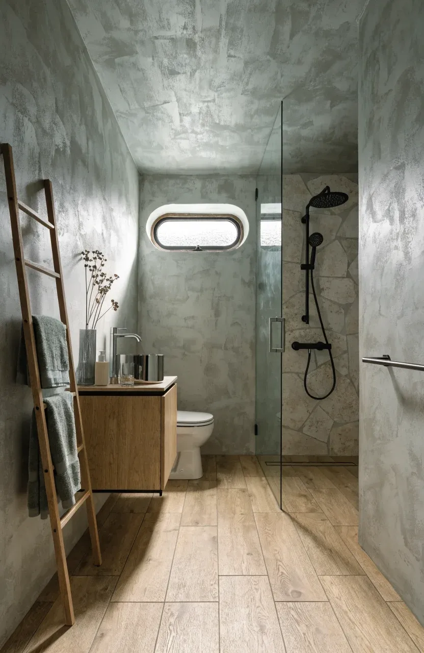 A slim wooden towel ladder leaning against a gray wall in a modern compact bathroom.