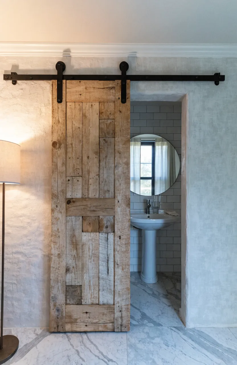 A sliding wooden barn door on a black track opening into a bright, small white bathroom.