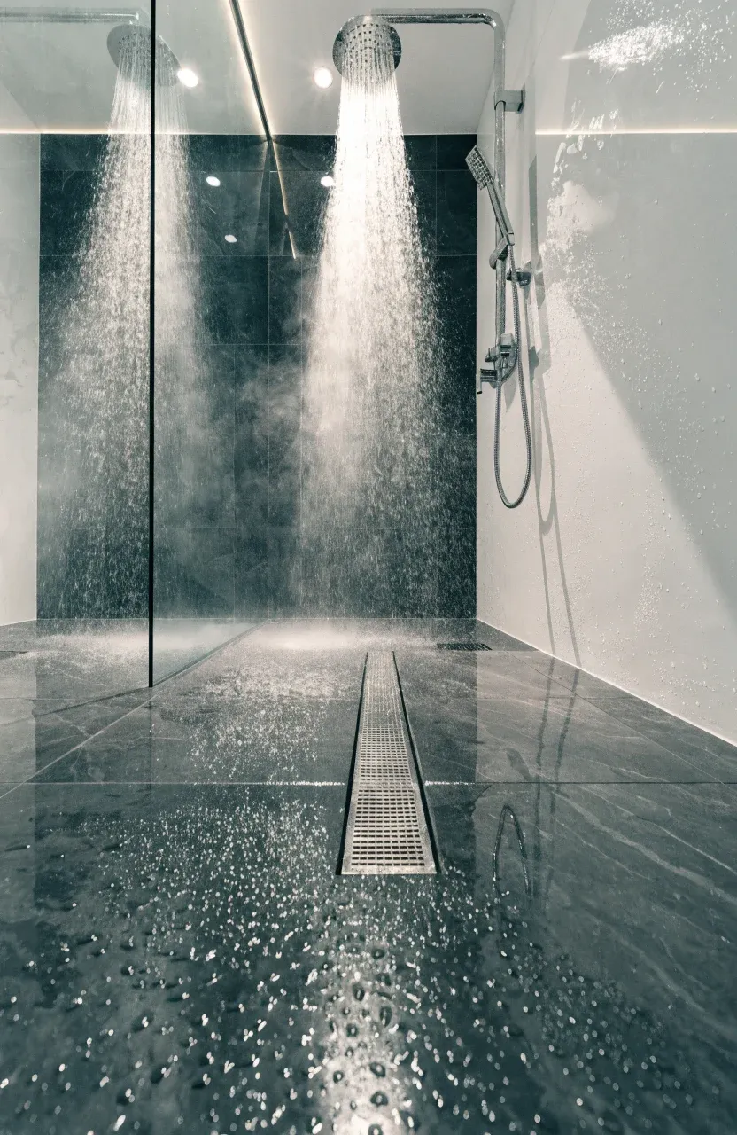 A seamless curbless shower with gray tiles and a glass pane in a minimalist bathroom.