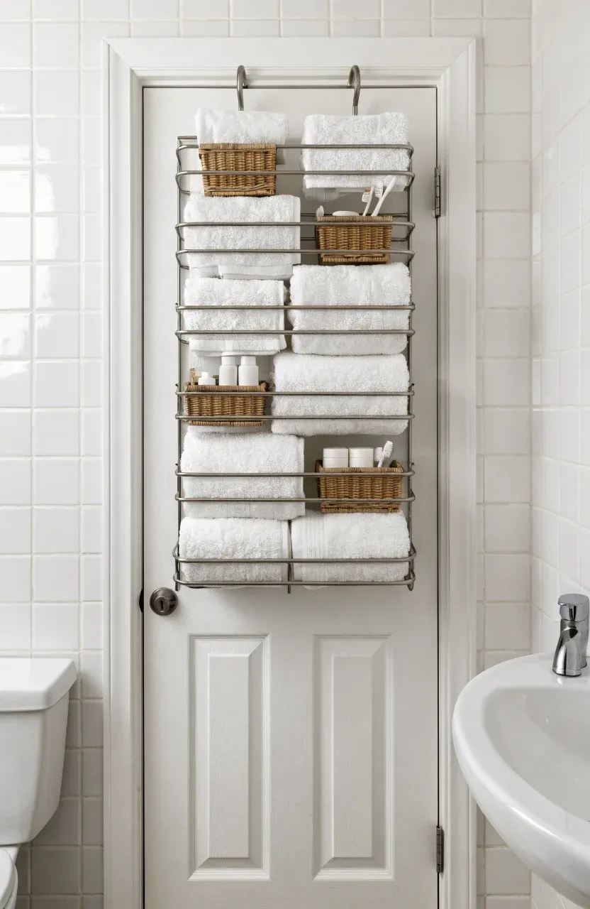 A white over-the-door rack holding towels and baskets on a bathroom door.