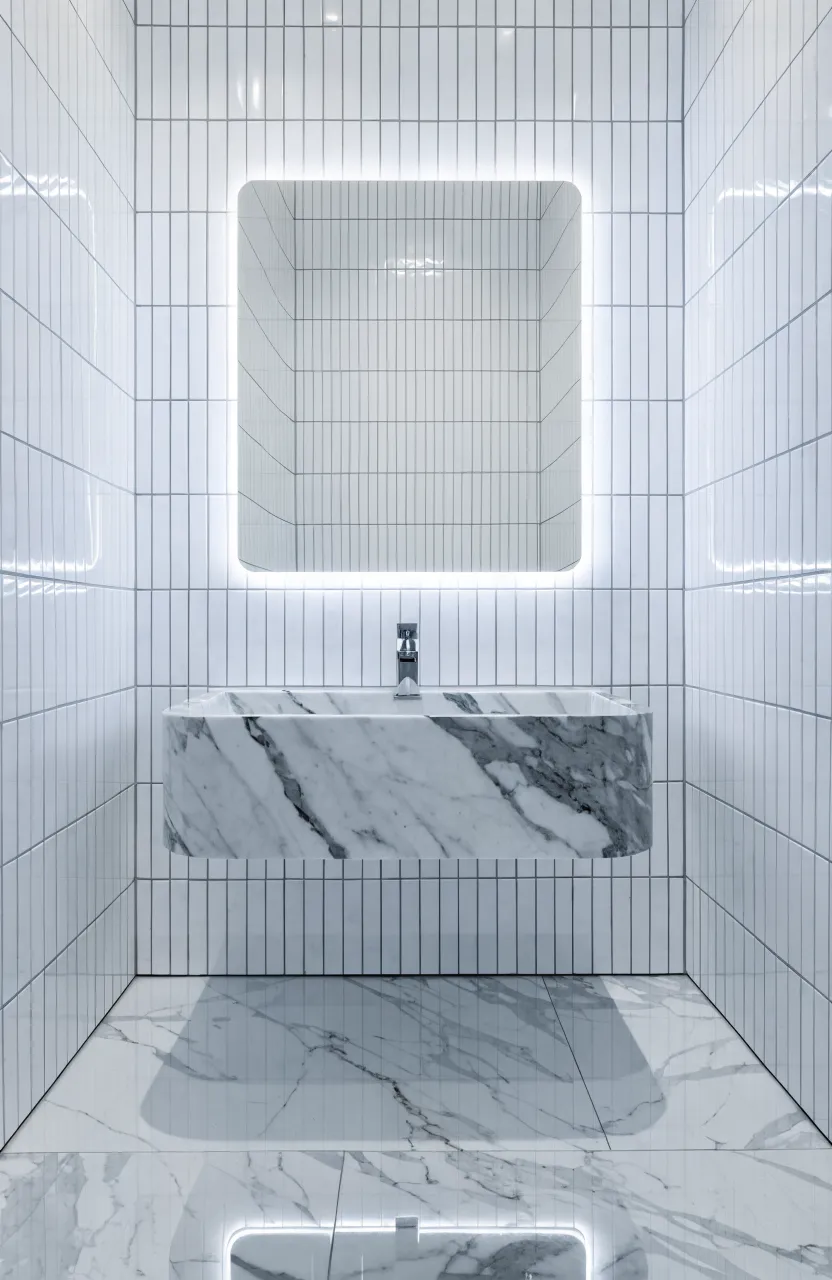 A recessed mirror cabinet with glowing LED edges above a modern bathroom sink.