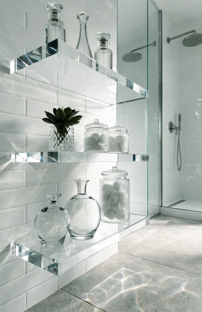 Transparent acrylic shelves holding toiletries on a white subway tile bathroom wall.