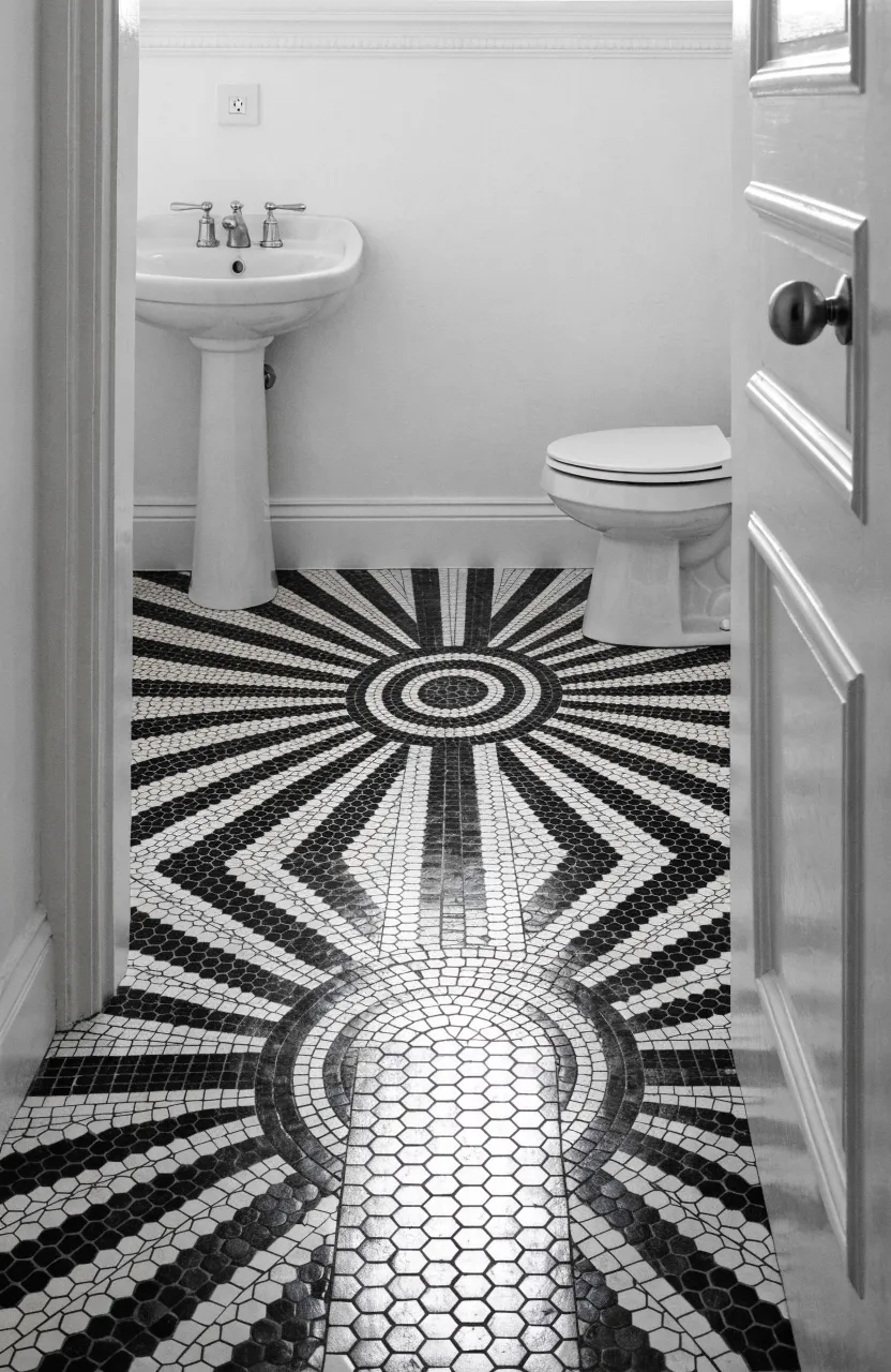 A black and white geometric mosaic tile floor in a bright, small white bathroom.