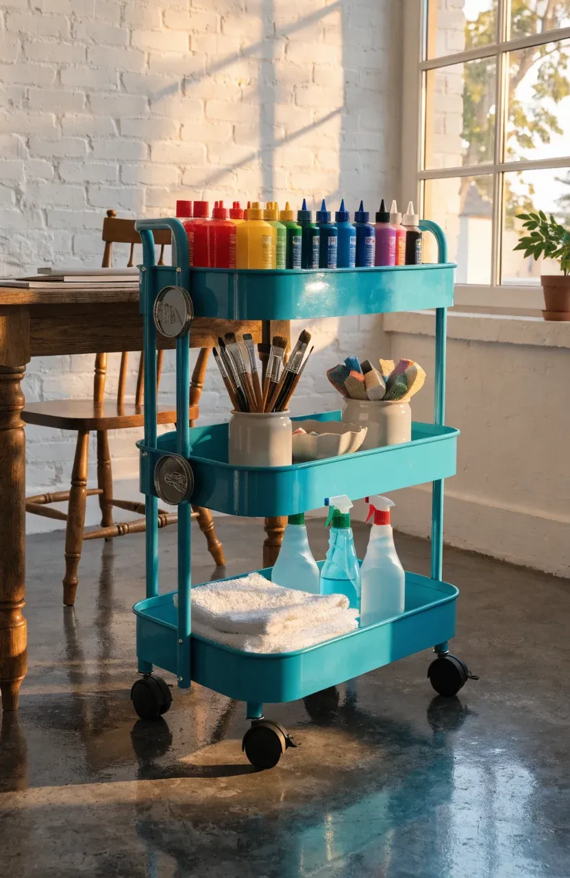 A turquoise three-tiered rolling cart filled with paints and brushes next to a craft desk.