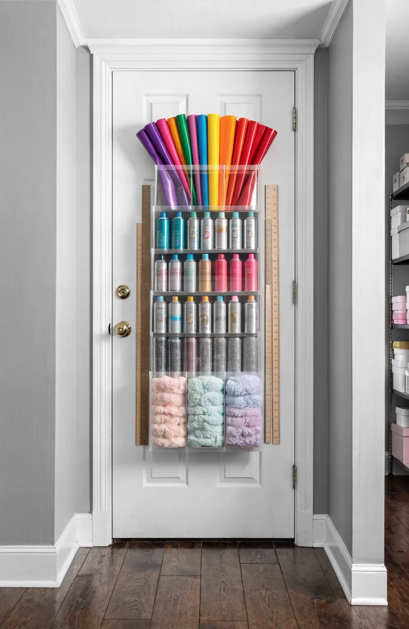 A white door with a clear pocket organizer holding vinyl rolls, yarn, and spray bottles.