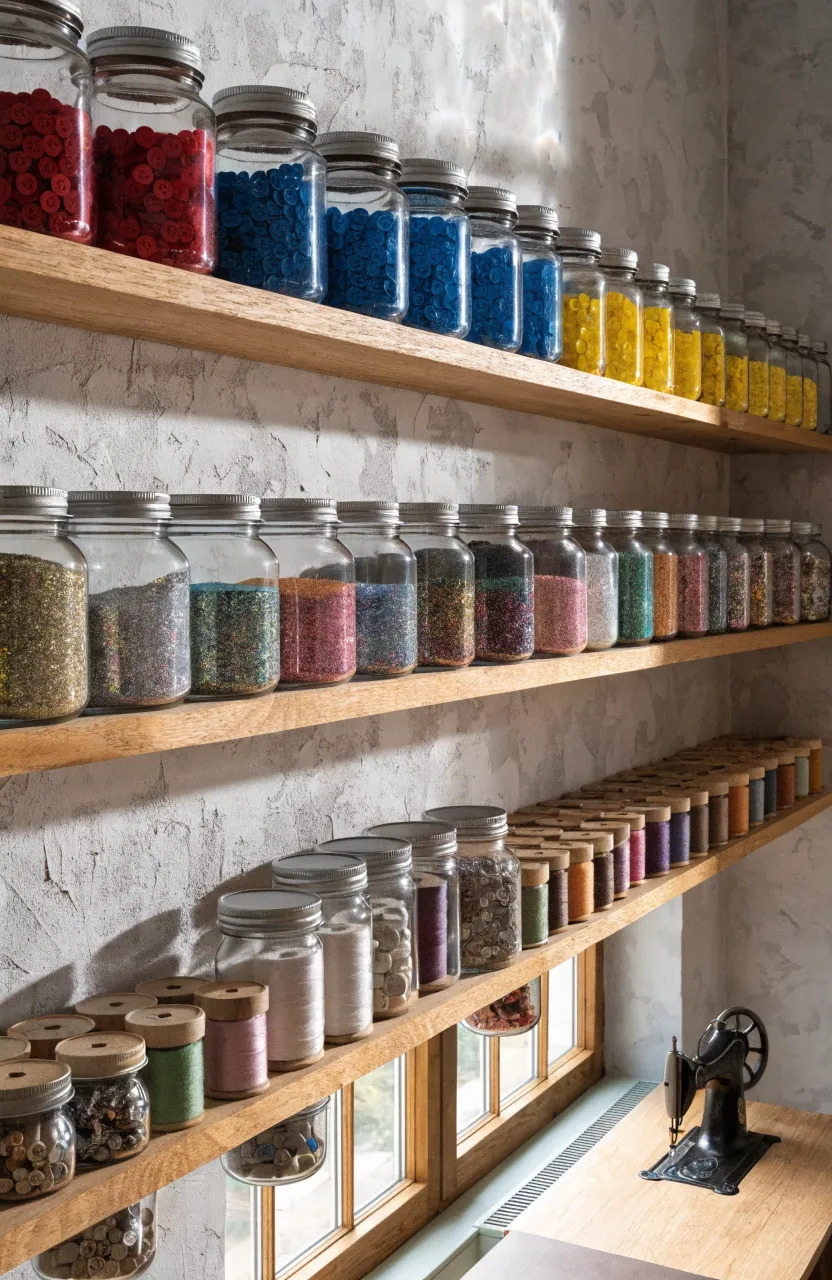 Floating wooden shelves holding glass mason jars filled with colorful buttons and craft supplies.