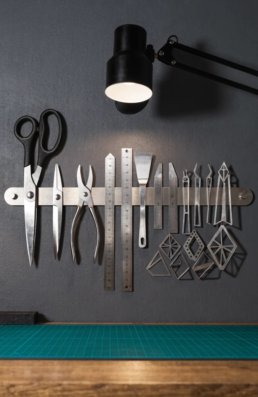 A magnetic metal strip on a grey wall holding scissors, rulers, and metal die cuts.