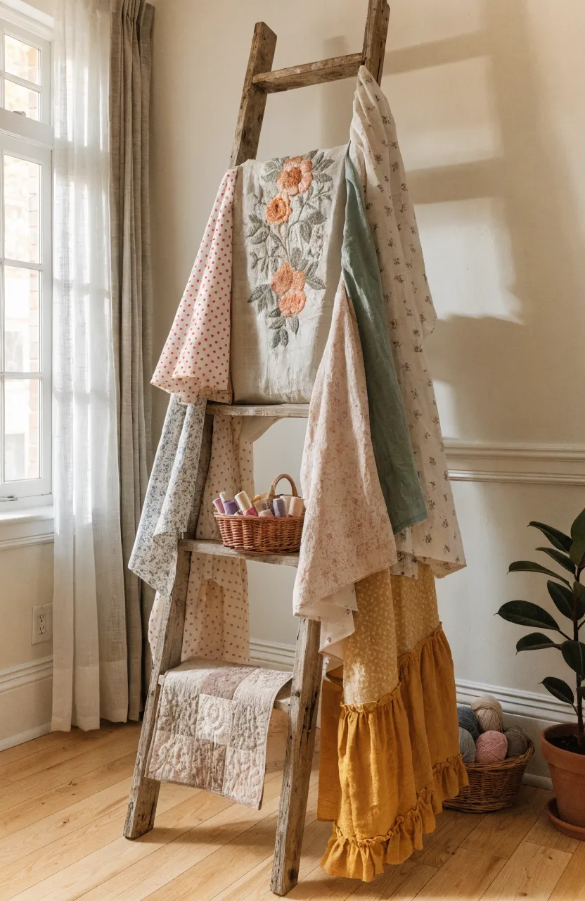 A rustic wooden ladder leaning against a wall with colorful fabrics draped over the rungs.