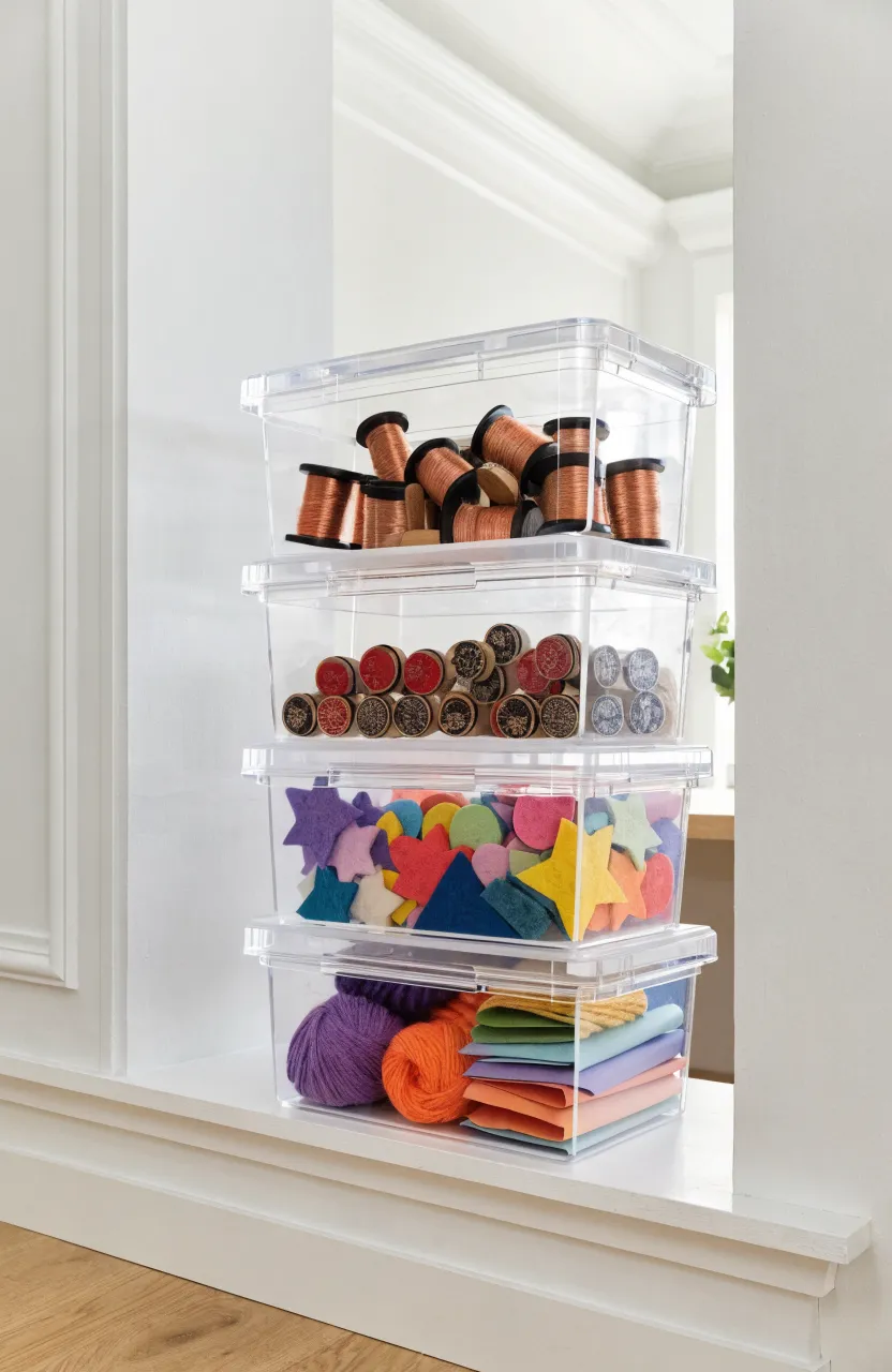 Stacked clear acrylic bins filled with colorful jewelry wire and stamps on a white shelf.