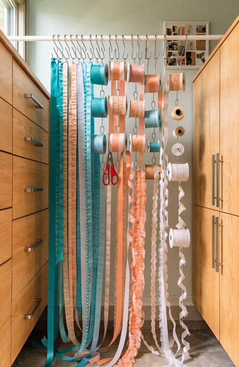A tension rod between cabinets holding colorful ribbon spools and hanging craft tools.