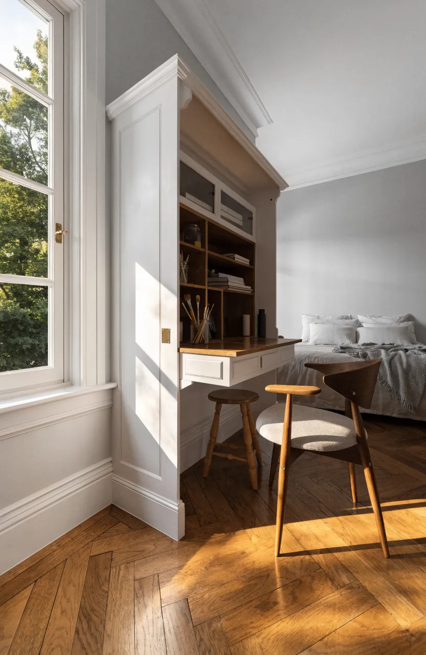 A white fold-down wall desk open to reveal organized cubbies and a small workspace.