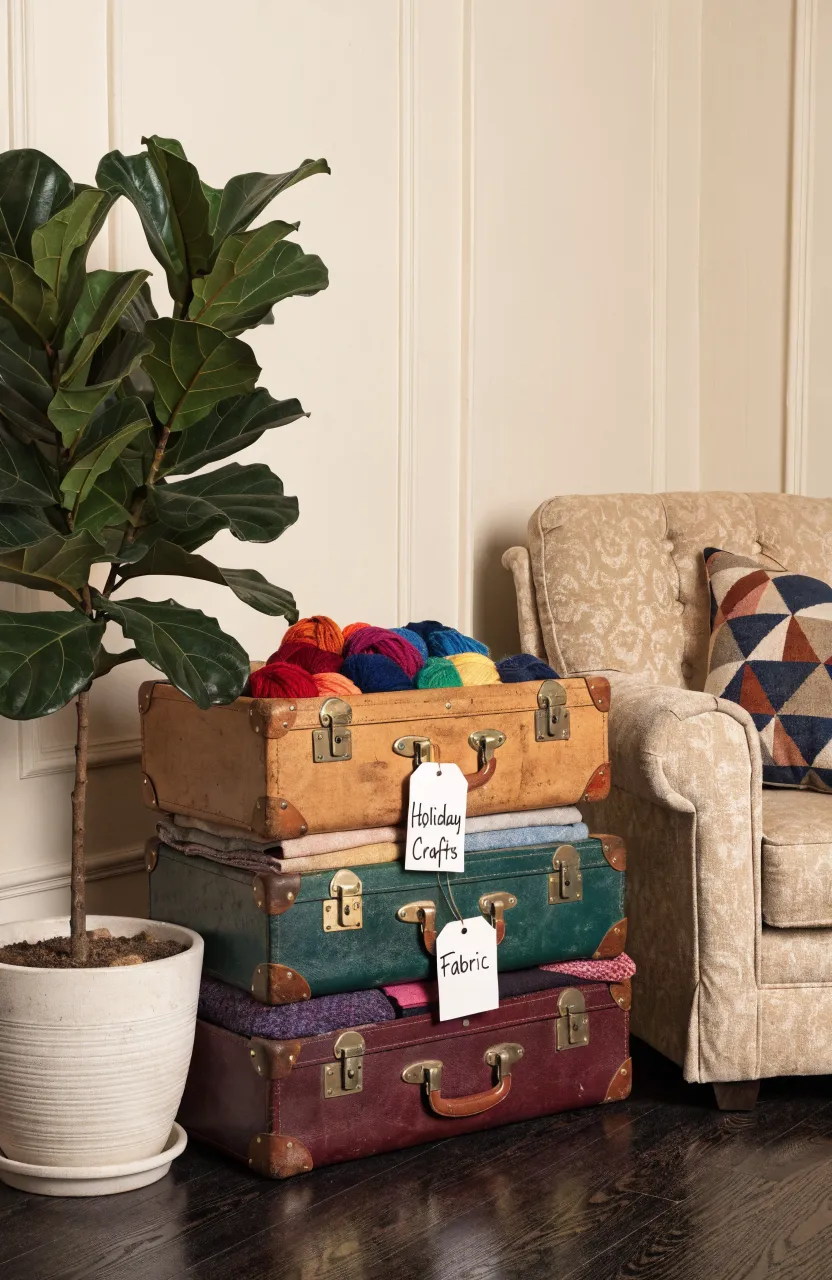 Three vintage suitcases stacked in a room corner with labels for craft supplies.