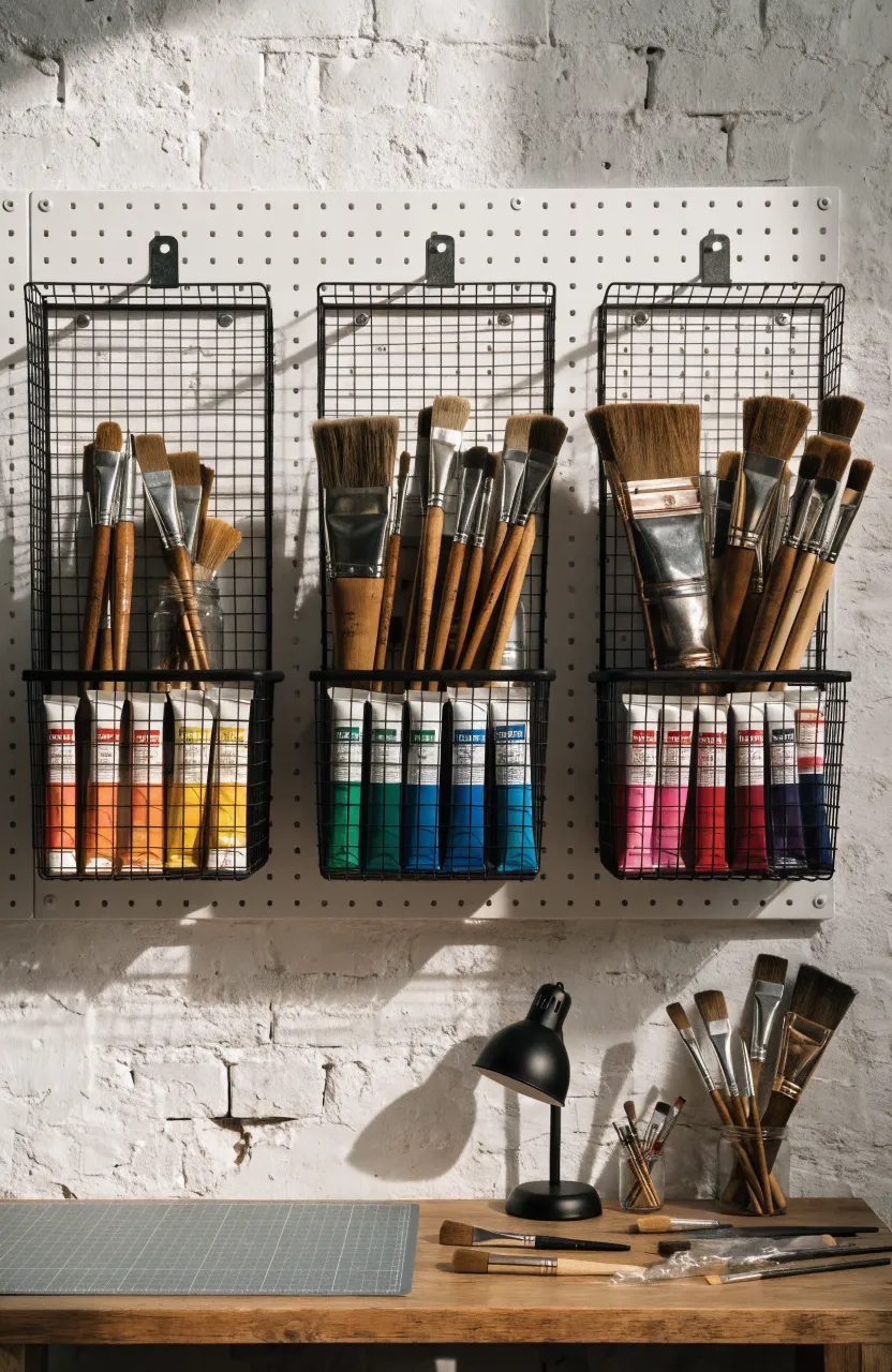 White pegboard with black wire baskets holding paint tubes and brushes in a studio.