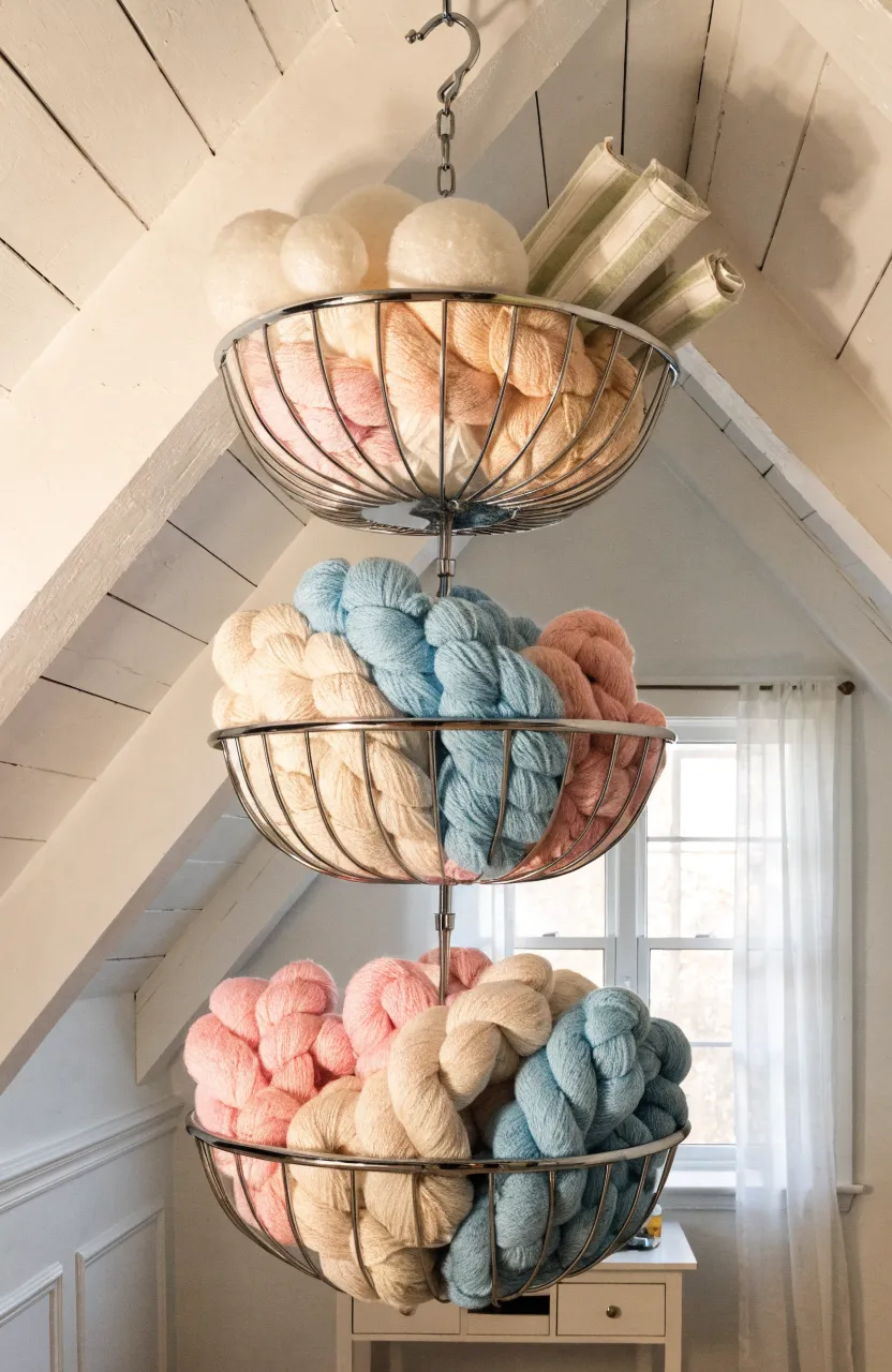 A three-tiered wire basket hanging from the ceiling filled with colorful yarn skeins.