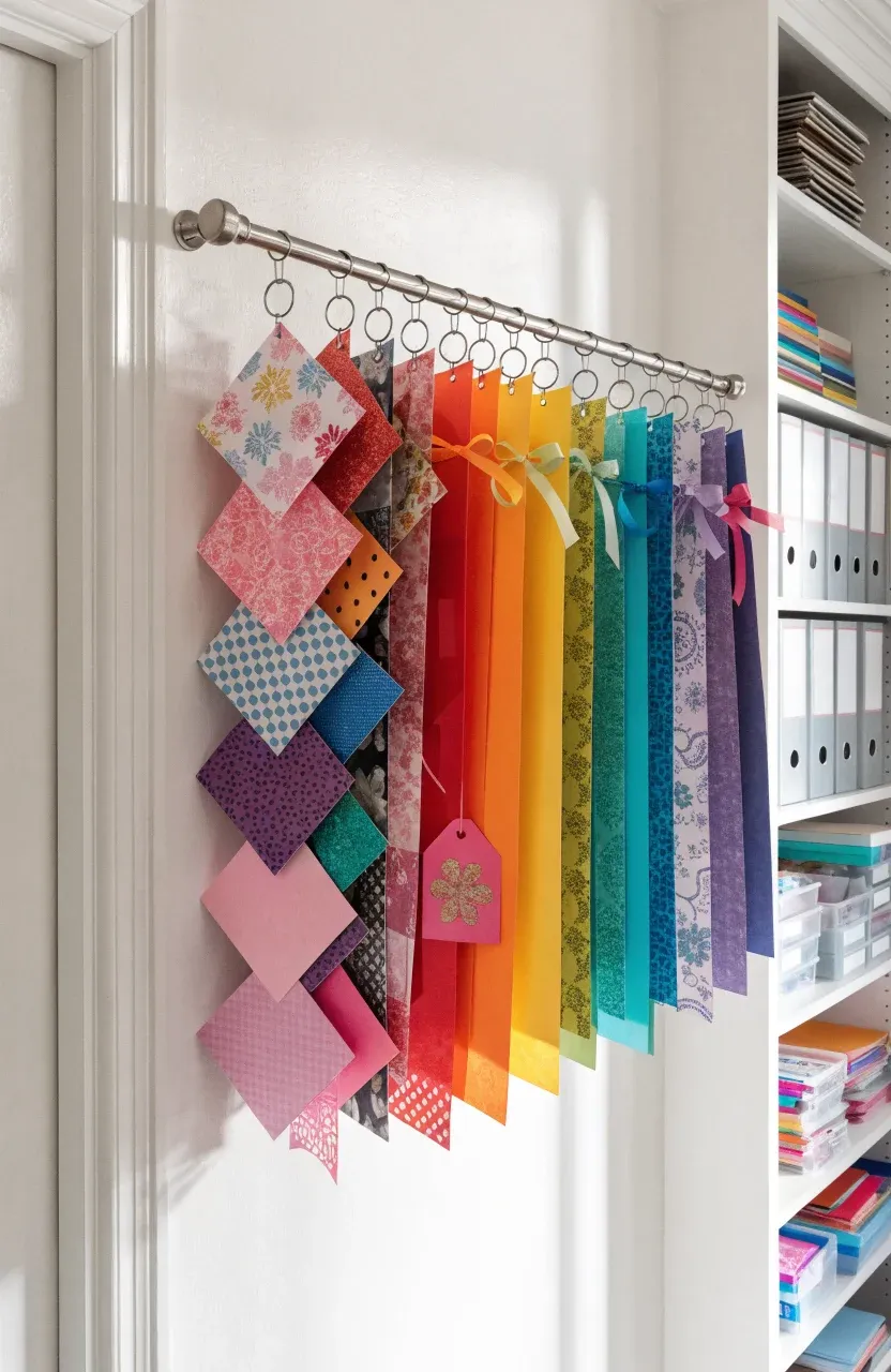 A silver rod with clips holding colorful paper scraps against a white wall.