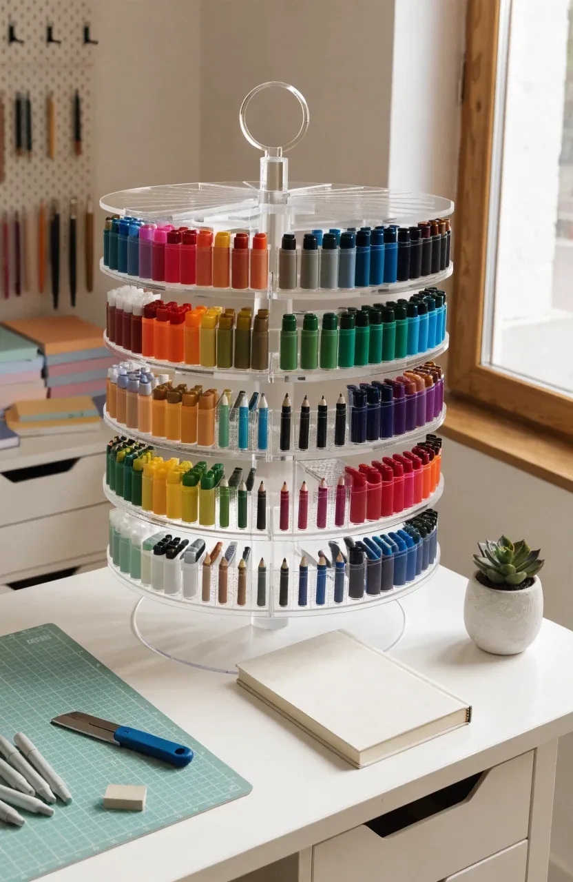 A rotating acrylic desktop organizer filled with a rainbow of markers and brushes on a white desk.