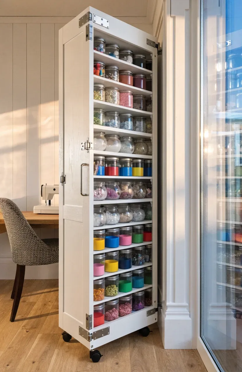 A narrow white rolling cabinet pulled out from a small gap, filled with organized jars of beads.