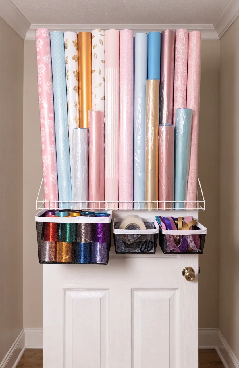 A white over-the-door rack holding various rolls of colorful wrapping paper and craft ribbons.