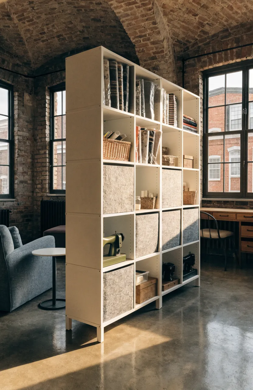 A white cube shelving unit with grey fabric bins and craft supplies used as a room divider.