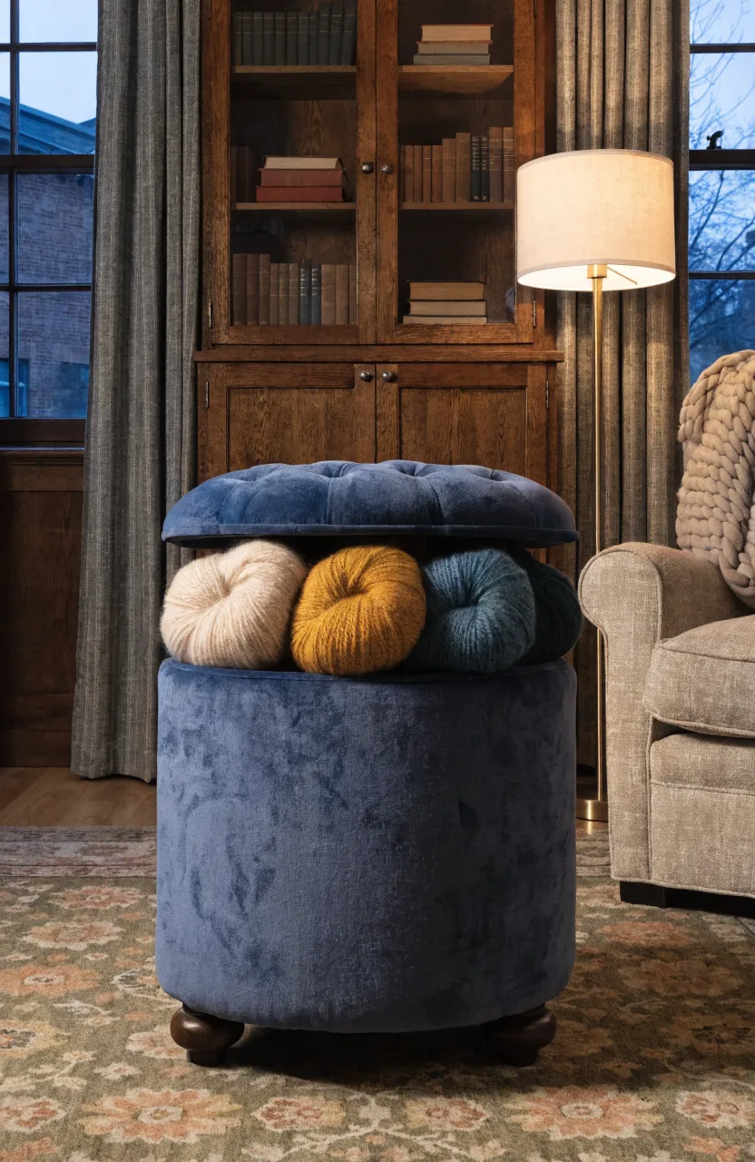 A navy velvet ottoman with the lid open showing organized skeins of colorful knitting yarn.