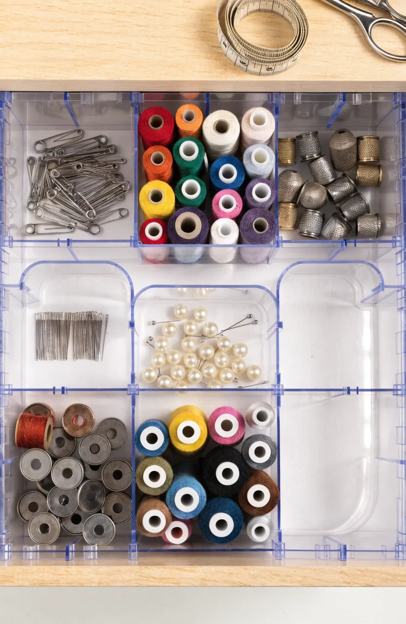 An overhead view of a desk drawer organized with clear dividers for sewing supplies and thread.