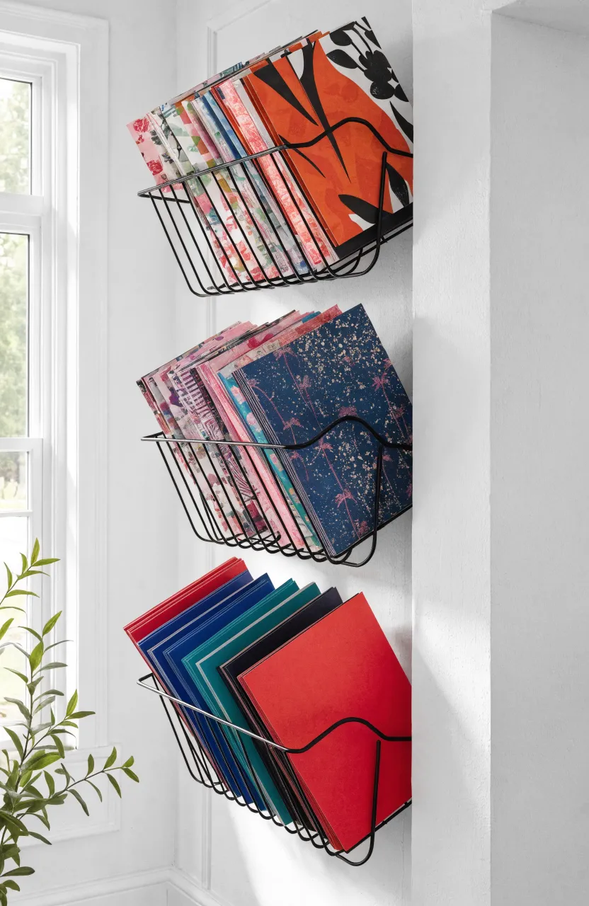 Black metal wall racks holding various patterned scrapbooking paper pads in a bright room.