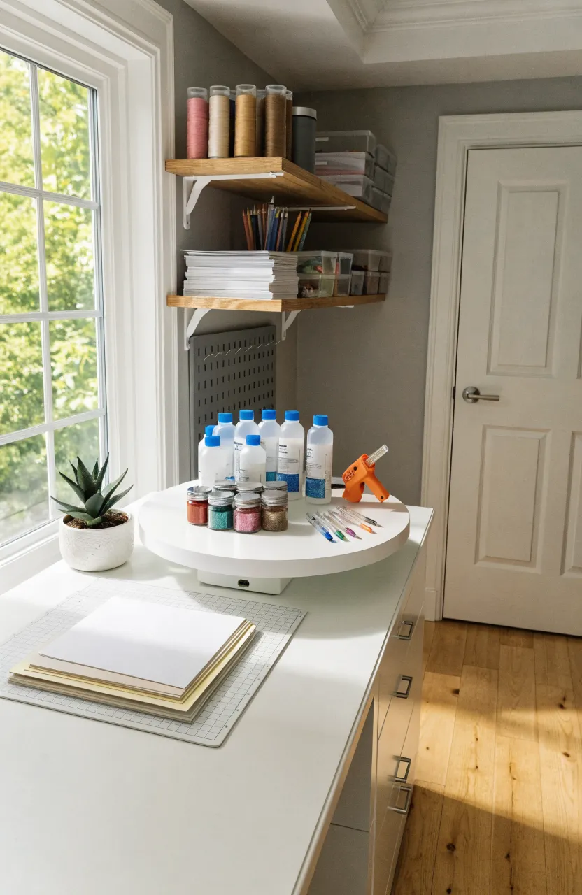 A white Lazy Susan turntable filled with glue bottles and glitter jars on a clean white craft desk.