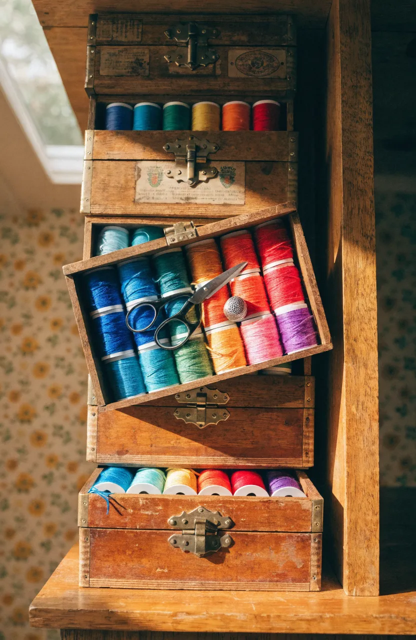 Stacked vintage wooden cigar boxes on a shelf, with one open to show colorful embroidery thread.