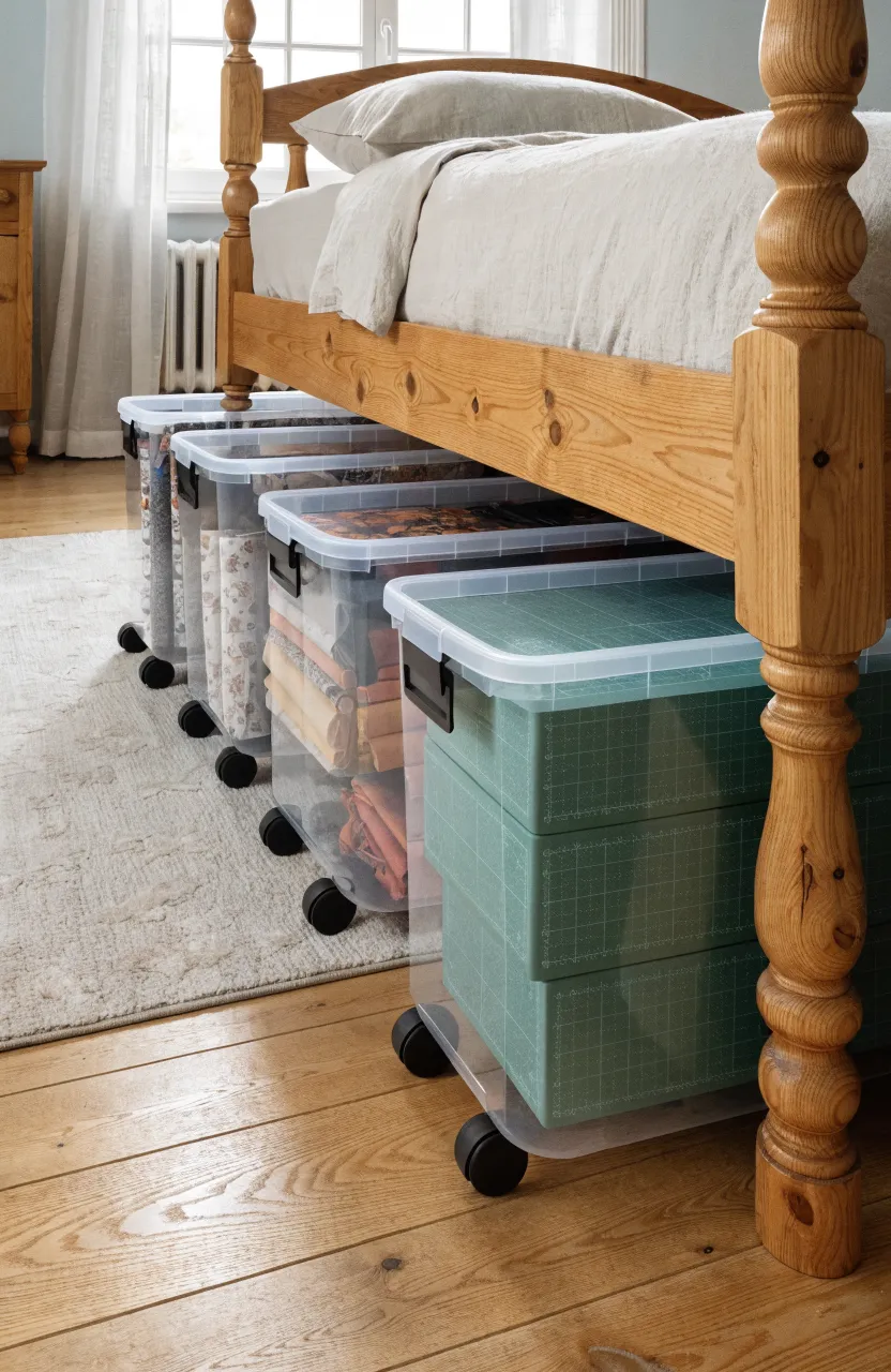 Clear plastic storage bins on wheels pulled out from under a bed, filled with cutting mats and gift wrap.
