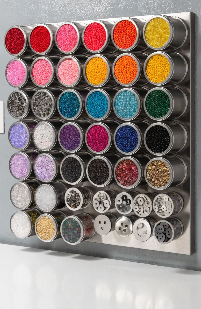 A metal wall board covered in magnetic clear-top tins filled with colorful beads and buttons.