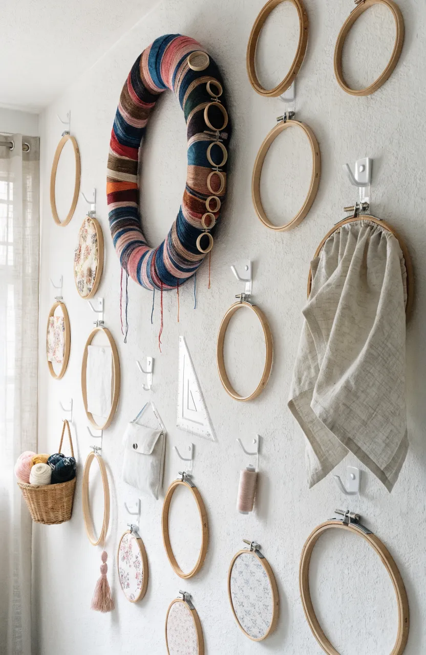 Wooden embroidery hoops and craft rulers hanging neatly on a white wall using adhesive hooks.