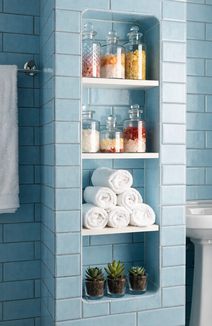 A built-in wall shelf between studs in a blue tiled bathroom holding toiletries and towels.