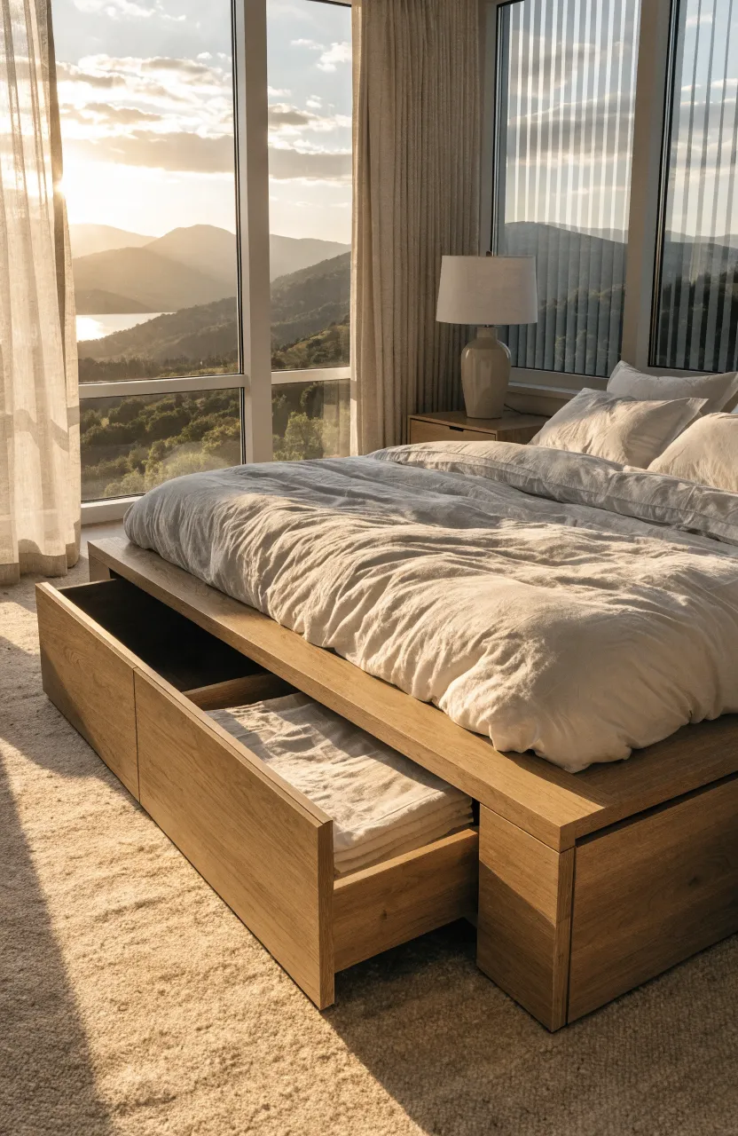A wooden bed frame with a hidden drawer pulled out to show stored linens in a sunny bedroom.