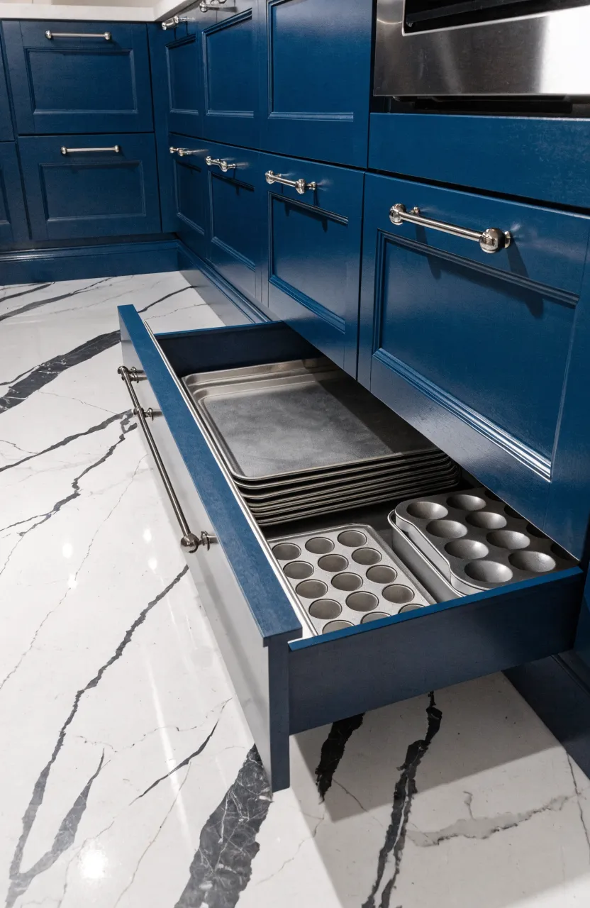 A hidden drawer at the base of kitchen cabinets holding flat baking pans and muffin tins.