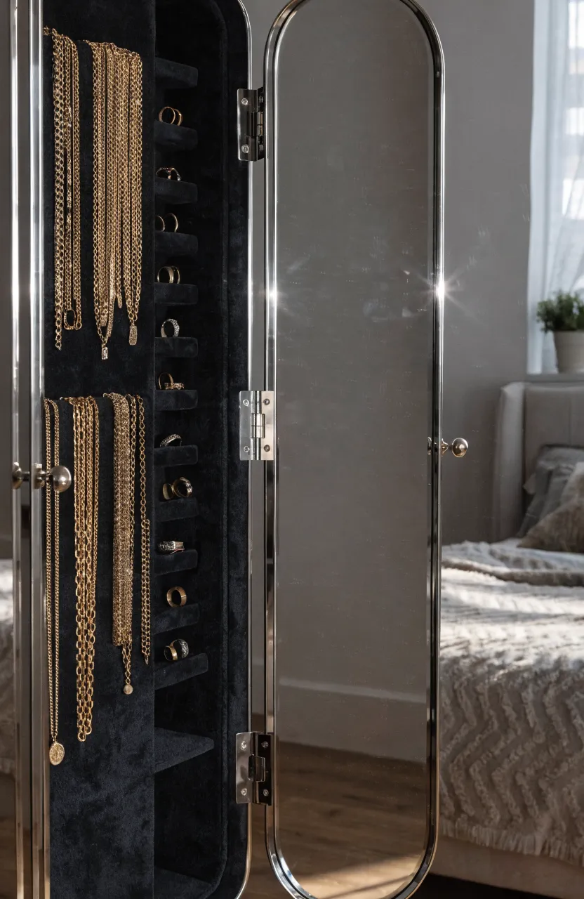 A full-length mirror swung open to reveal a hidden cabinet filled with organized jewelry.