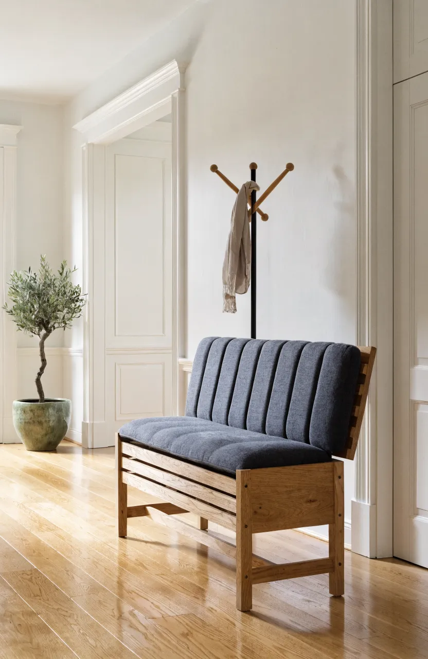 A modern wooden flip-top storage bench with a gray cushion in a bright, minimalist entryway.