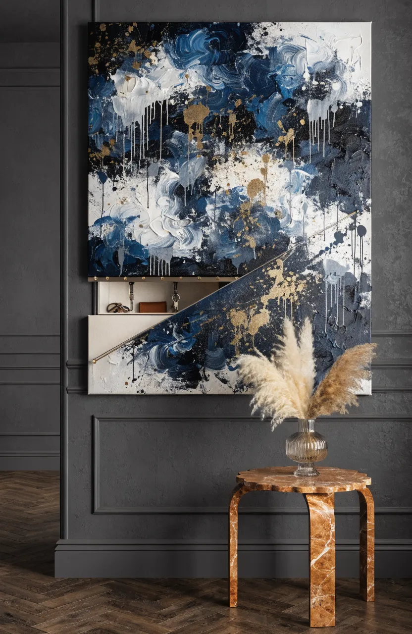 A large abstract painting sliding on a wall track to reveal a secret storage compartment.