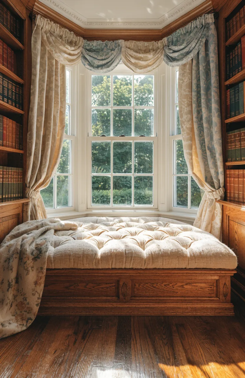 A cozy upholstered window seat with a lift-up storage lid under a sunny bay window.
