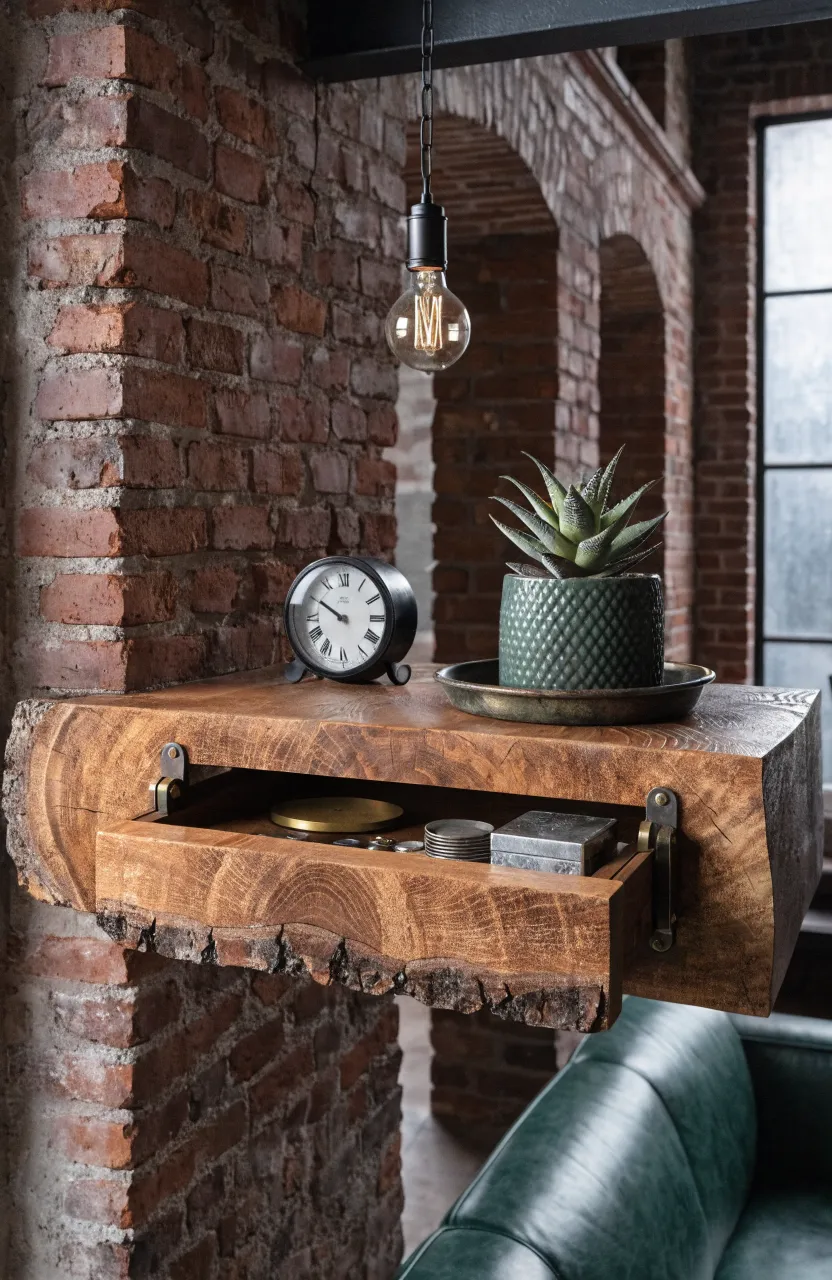 A rustic wooden floating shelf with a hidden drawer revealed from its underside.