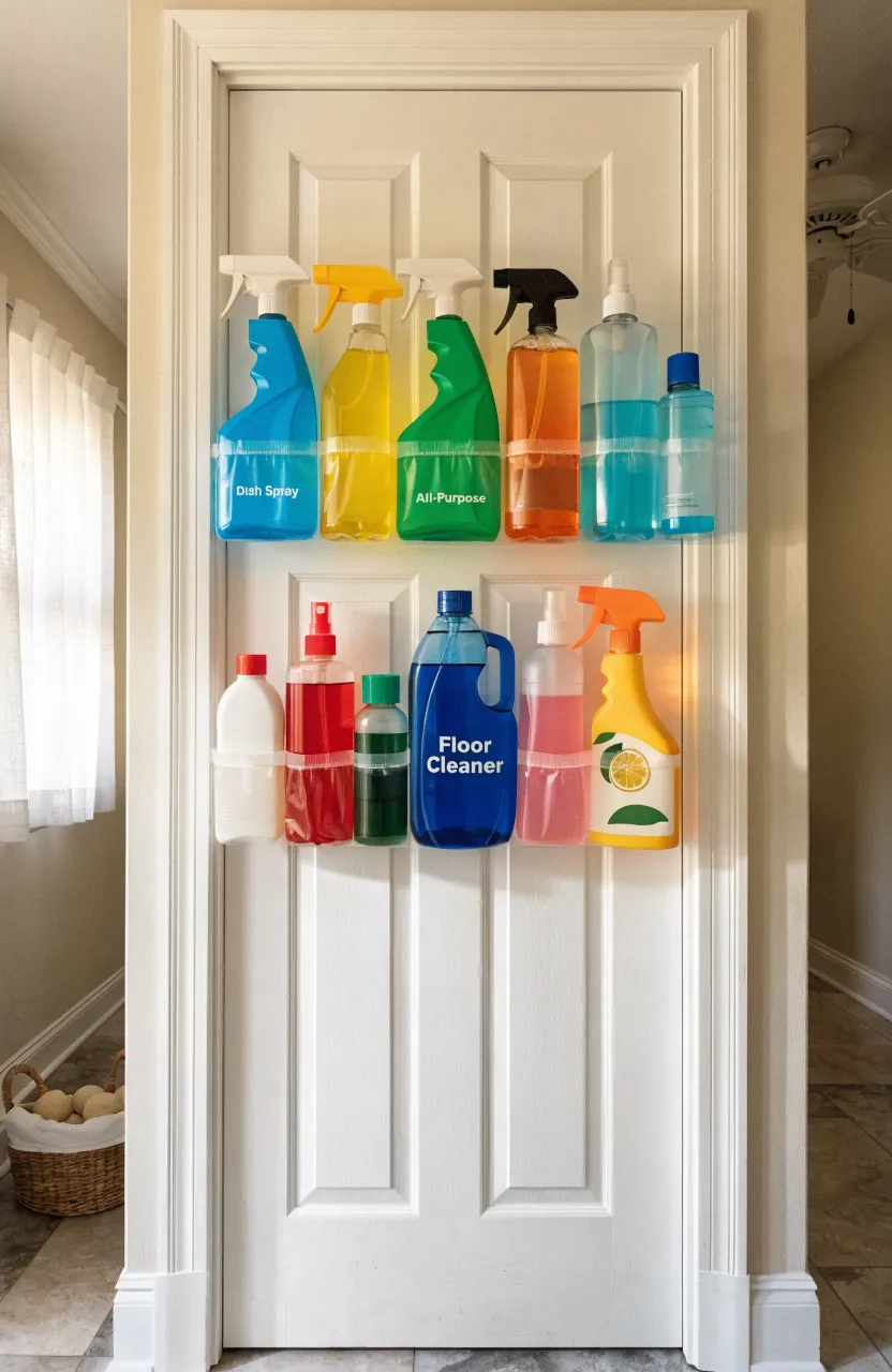A clear hanging door organizer filled with spray bottles and cleaning tools.
