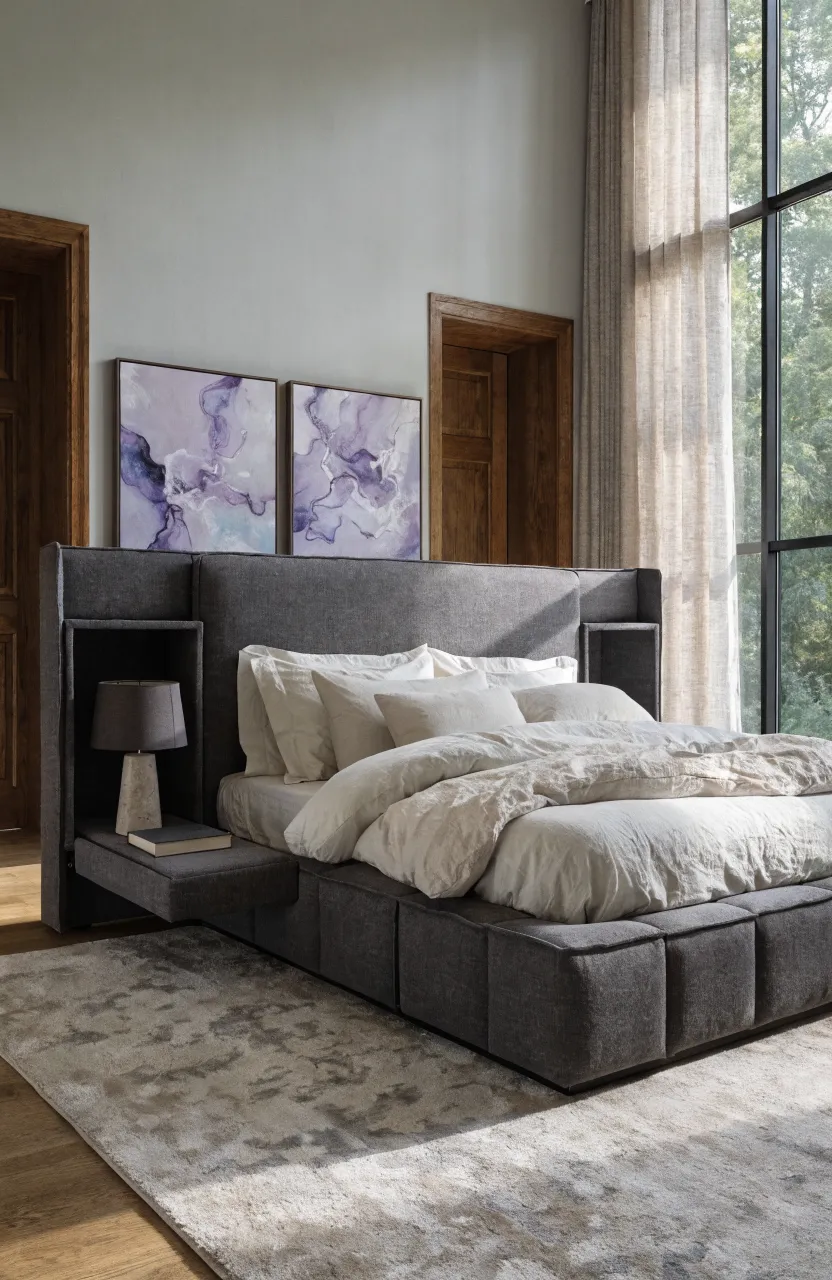 A modern gray headboard with a secret shelf pulled out from the side holding a book.