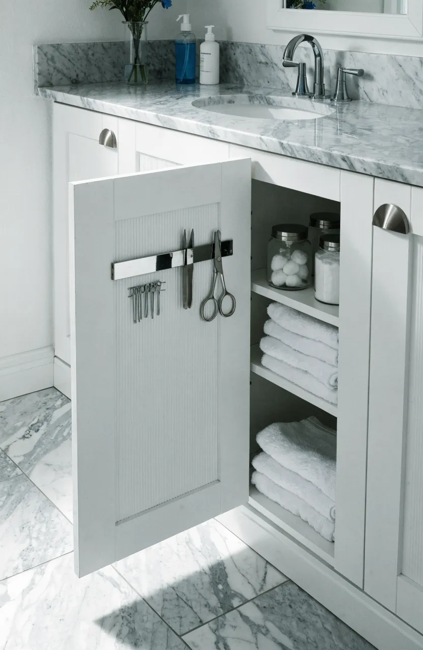 A white bathroom cabinet door open to reveal a magnetic strip holding bobby pins and tweezers.