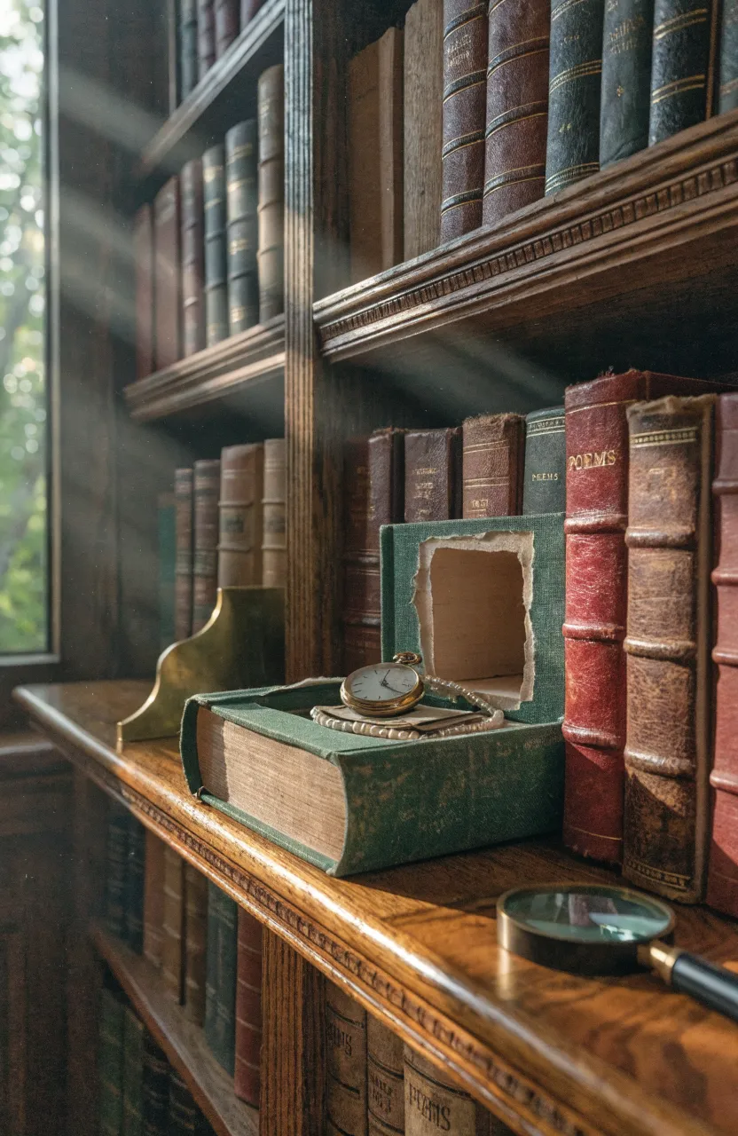 A hollowed-out vintage book on a wooden shelf revealing a hidden gold watch and cash.