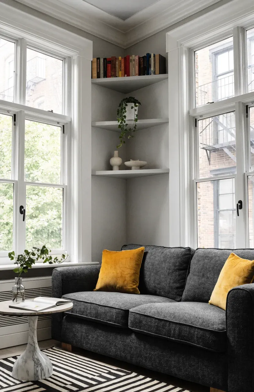 Floating corner shelves installed near the ceiling of a modern living room holding books and plants.