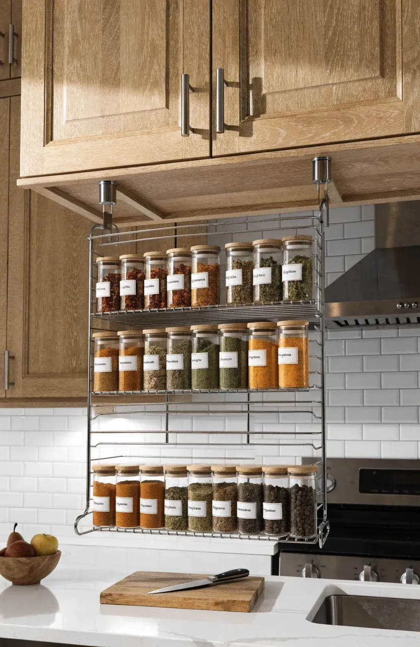 A chrome spice rack mounted under a kitchen cabinet holding organized glass jars over a clean counter.