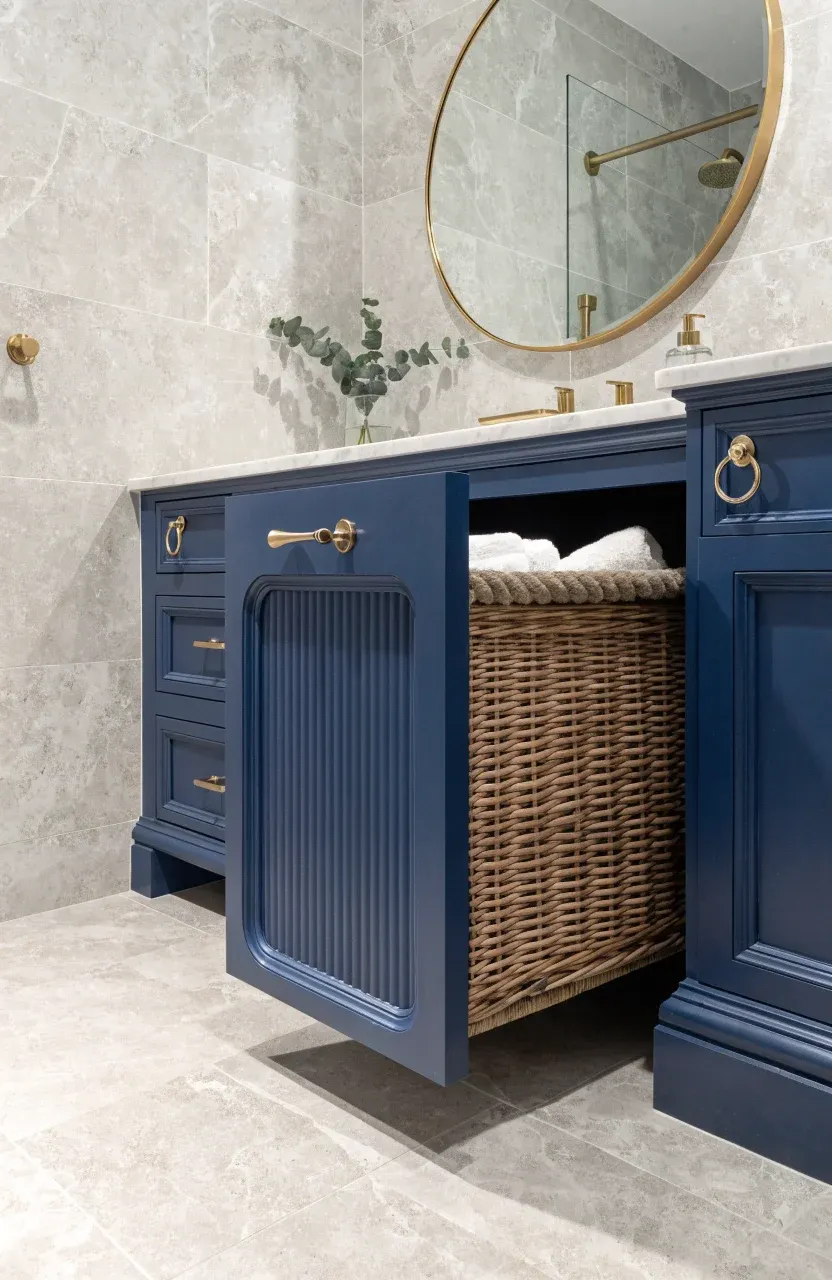A navy blue bathroom vanity with a slide-out drawer containing a hidden wicker laundry basket.