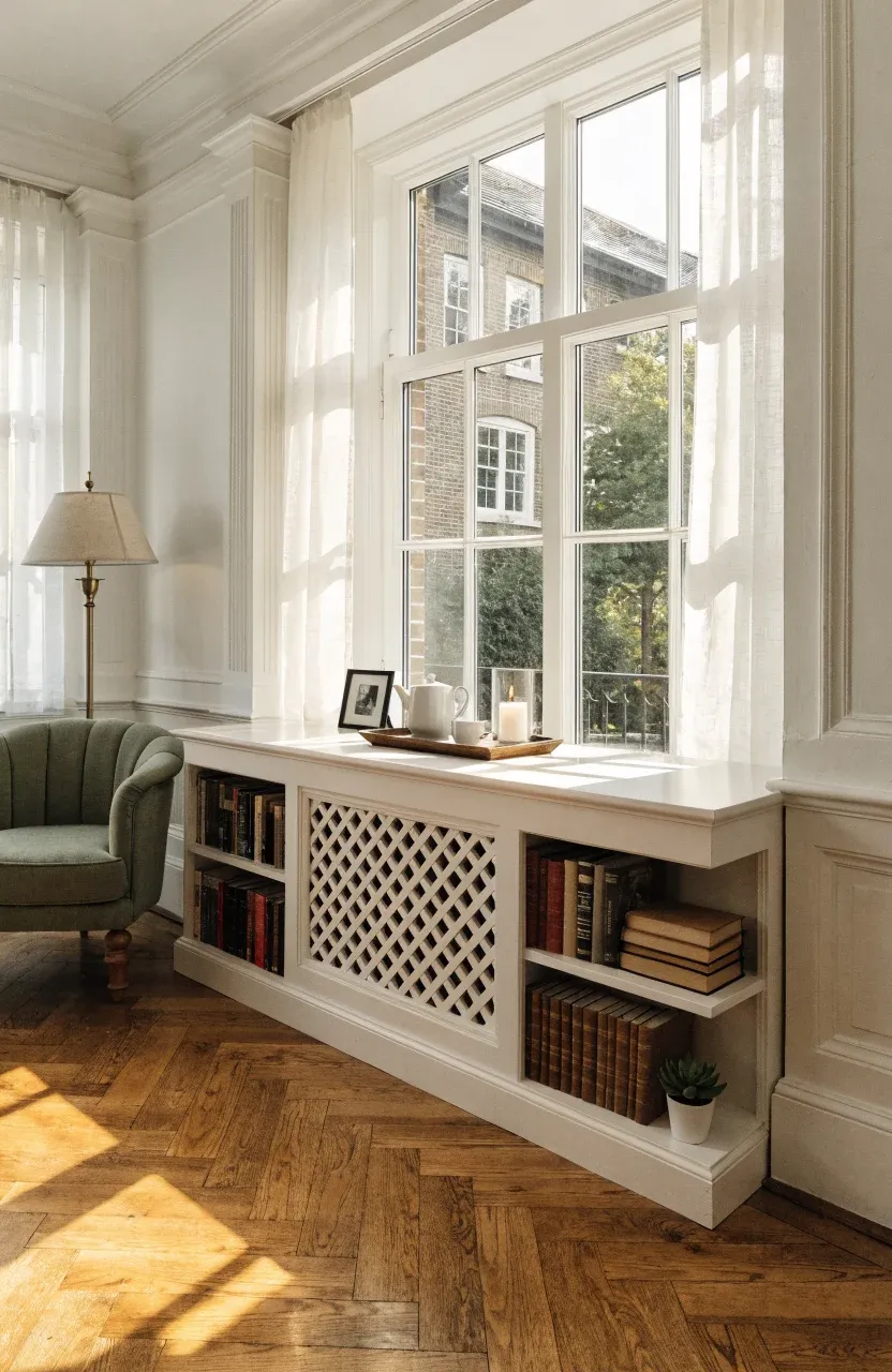 A white wooden radiator cover with integrated side bookshelves under a sunny window.
