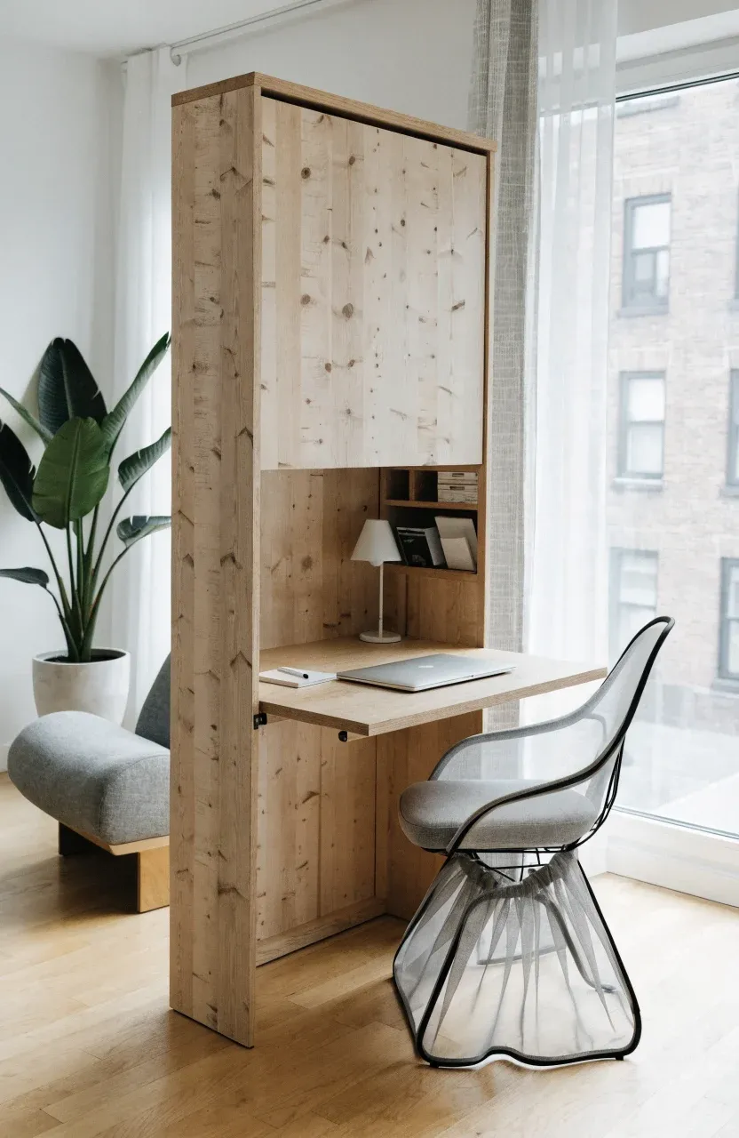 A light wood Murphy desk folded down from a wall cabinet with a laptop and lamp in a modern room.