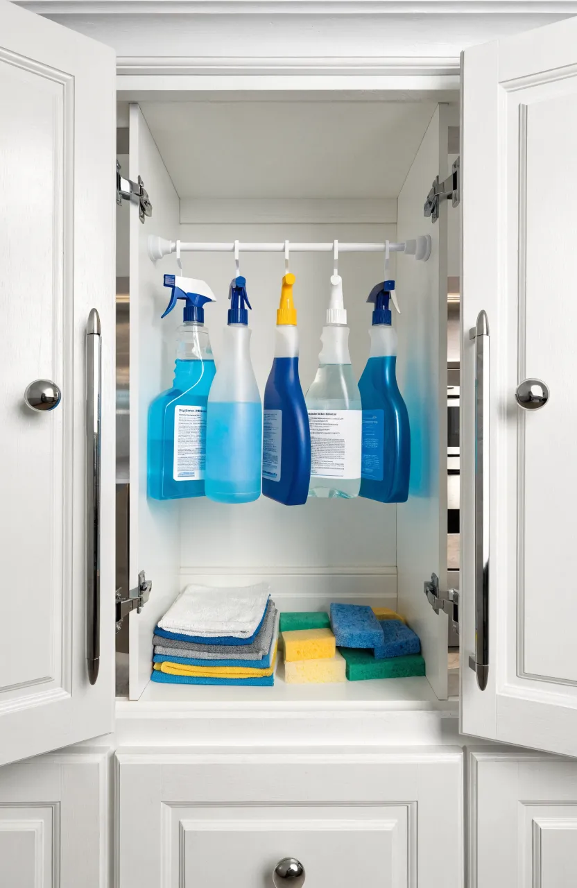 Cleaning spray bottles hanging from a tension rod inside a white kitchen cabinet.