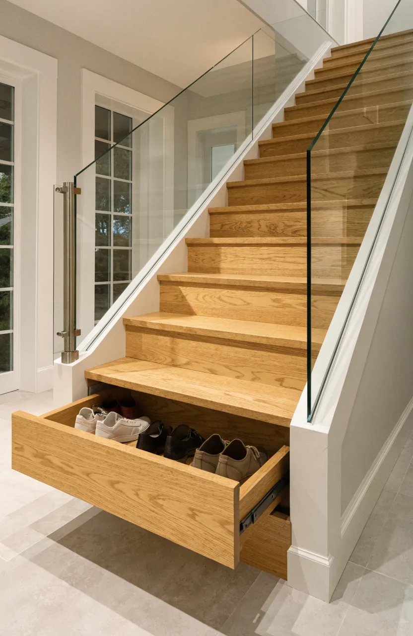 Wooden staircase with hidden drawers built into the steps for shoe storage.